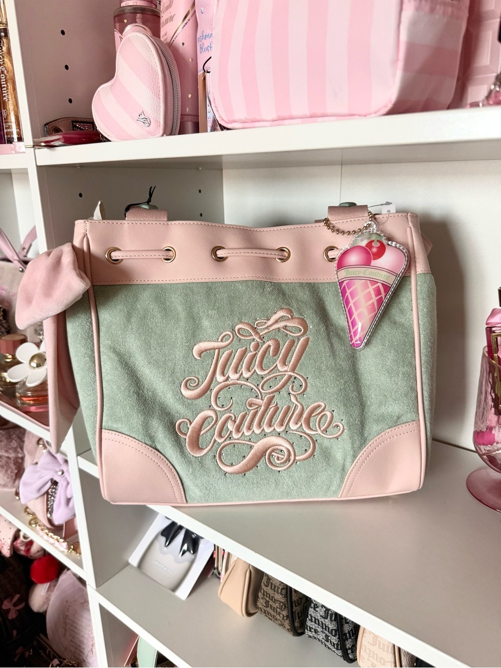 Juicy Couture “Sugar Rush” Pink and Mint Drawstring Tote with Ice-Cream Charm